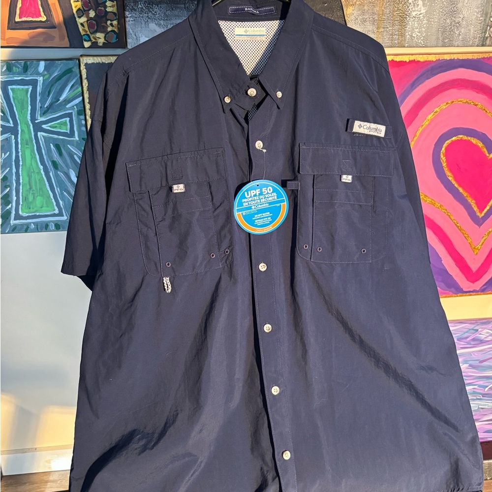 Columbia Men's XL Omni Shade Vented Navy Casual Button-Down Short Sleeve Shirt